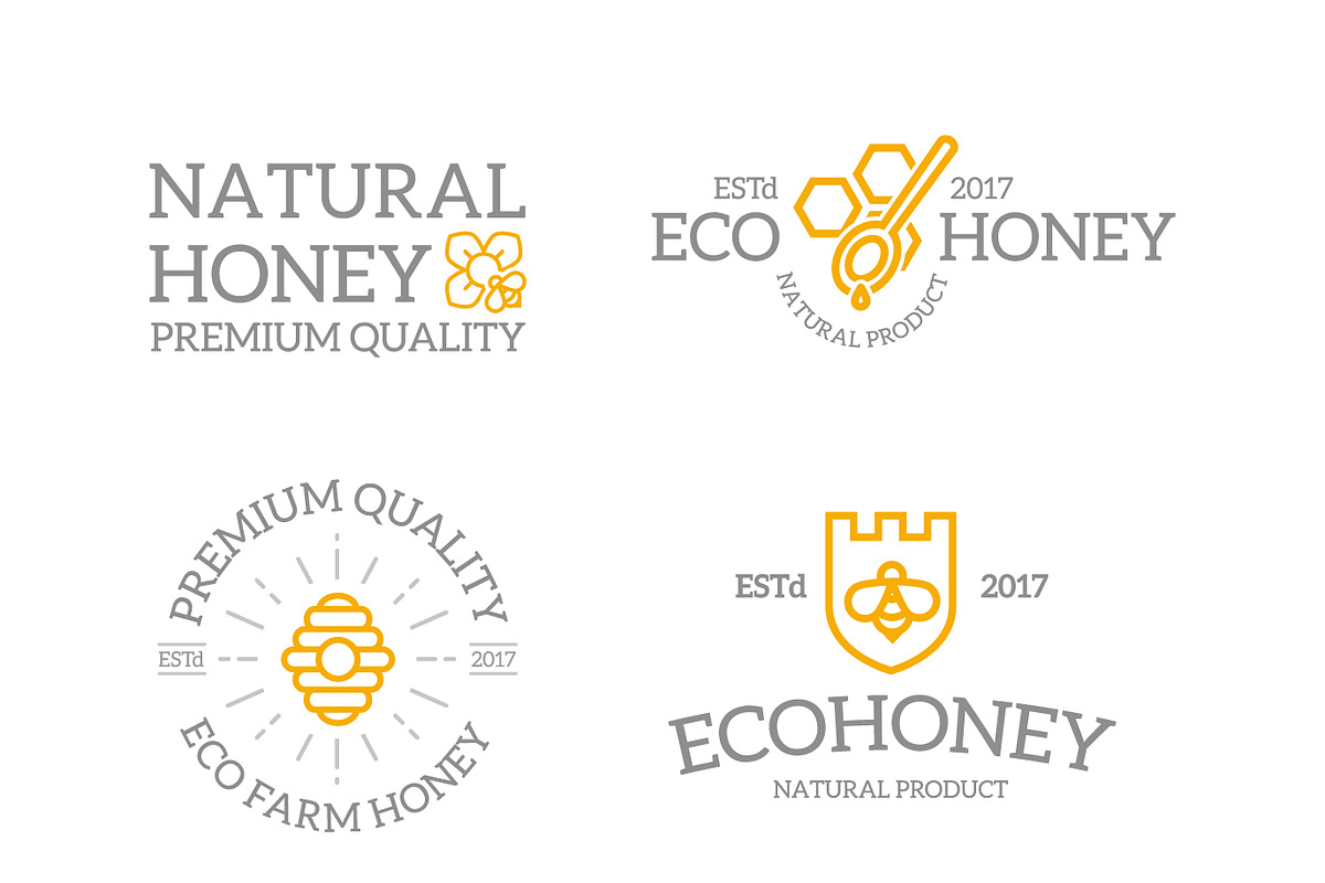 Set of retro vintage honey and bee logo or insignia, emblems, labels and badges and other branding objects. Vector line style, a Branding & Logo Template by GraphiShop (Photo 2 of 4)