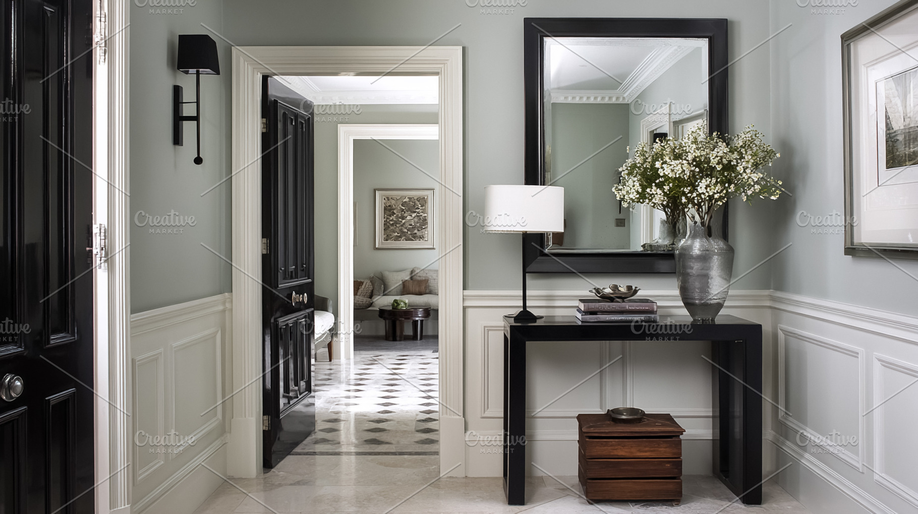 Elegant hallway interior design with console table, mirror, and, a Photo by Studio ANNA