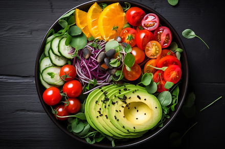 Salad bowl with avocado, tomatoes, cucumbers