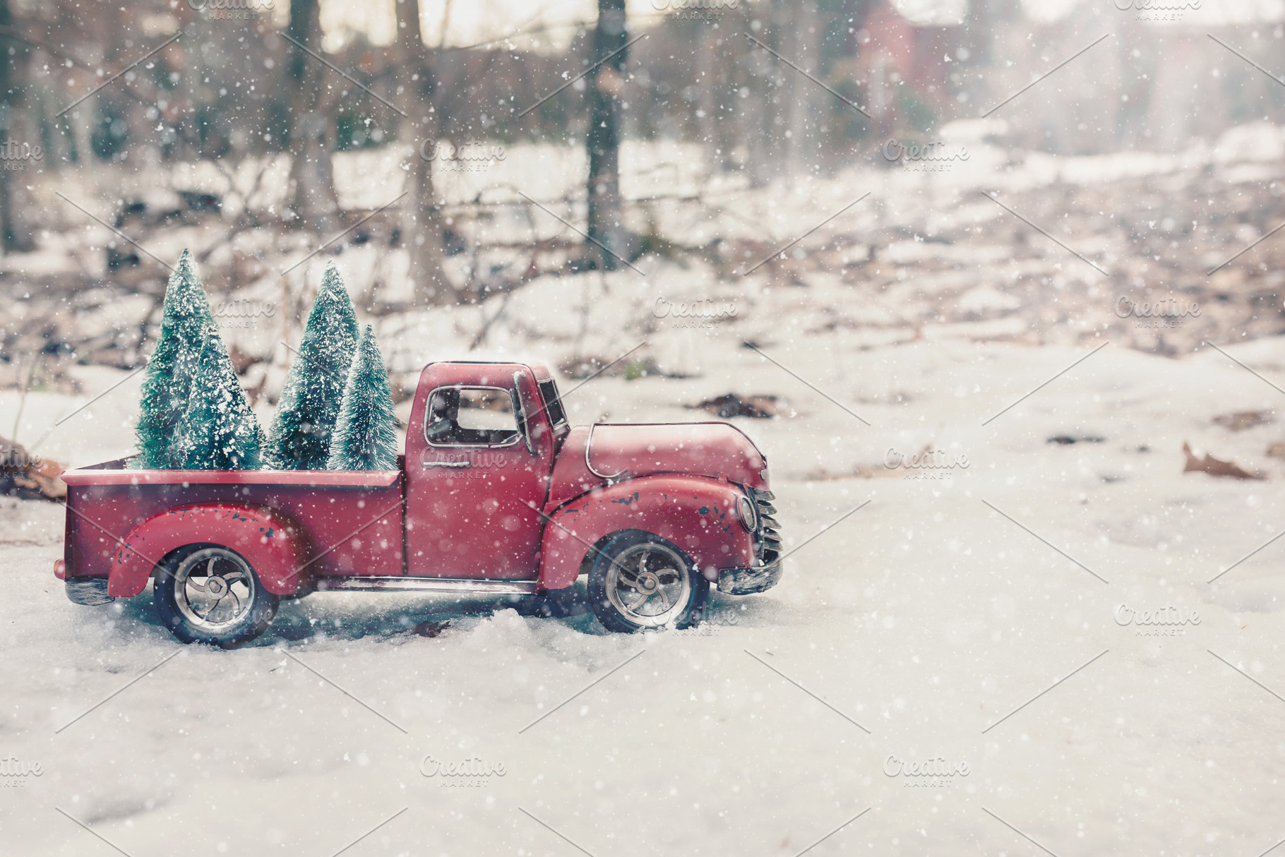 01 vintage red truck christmas tree stock photo containing digital background, a Holiday Photo by Nancy Hebert Photography