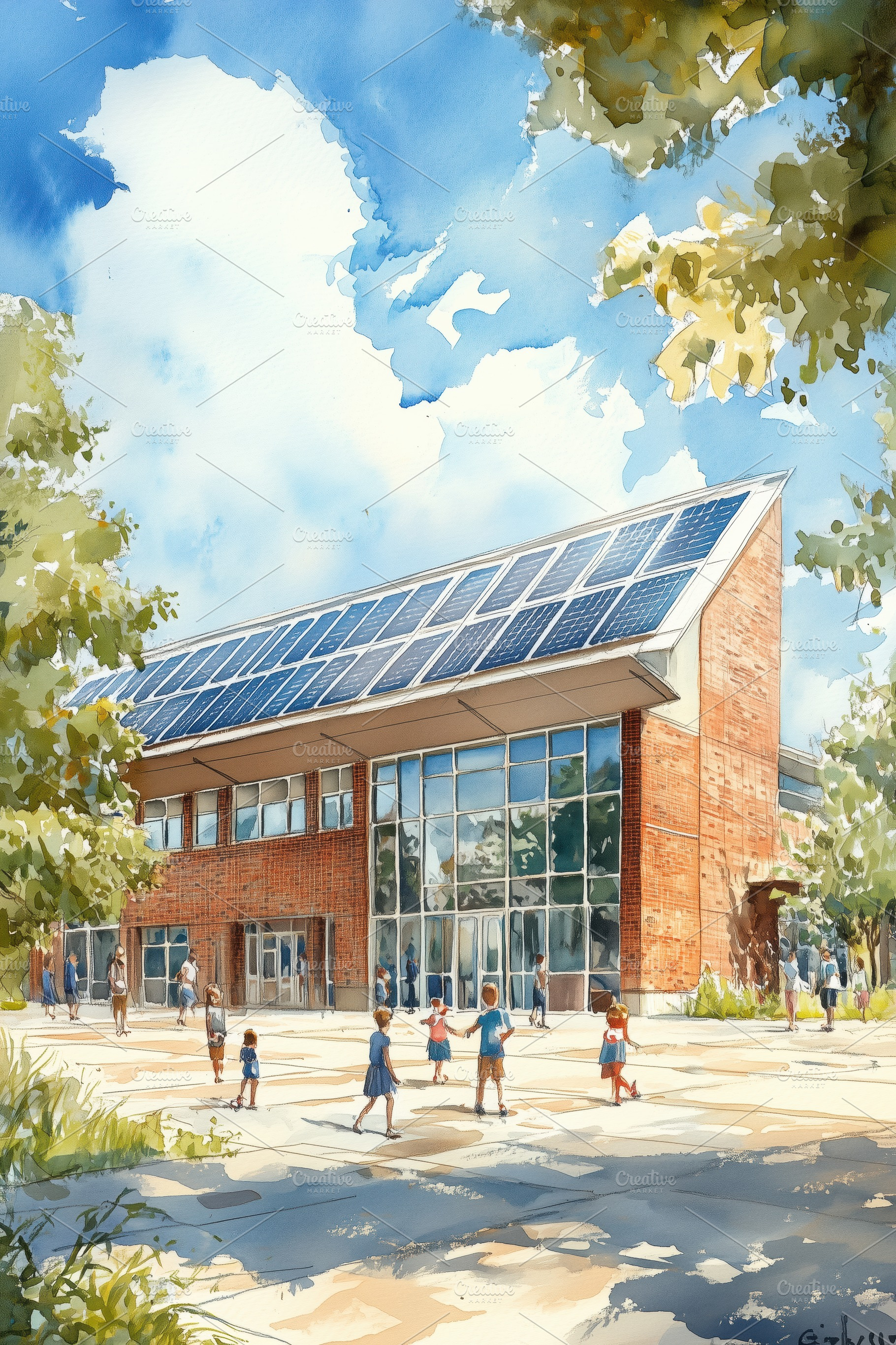 A modern school building with solar panels on the roof, surrounded by trees and, a Transportation Photo by Textures & Backgrounds