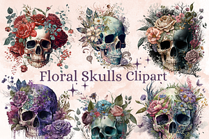 Watercolor Floral Skull Clipart