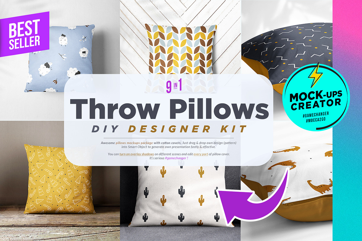 Throw Pillows 9x Mock-ups Set, a Print Template by Mocca Mockups Store (Photo 1 of 7)