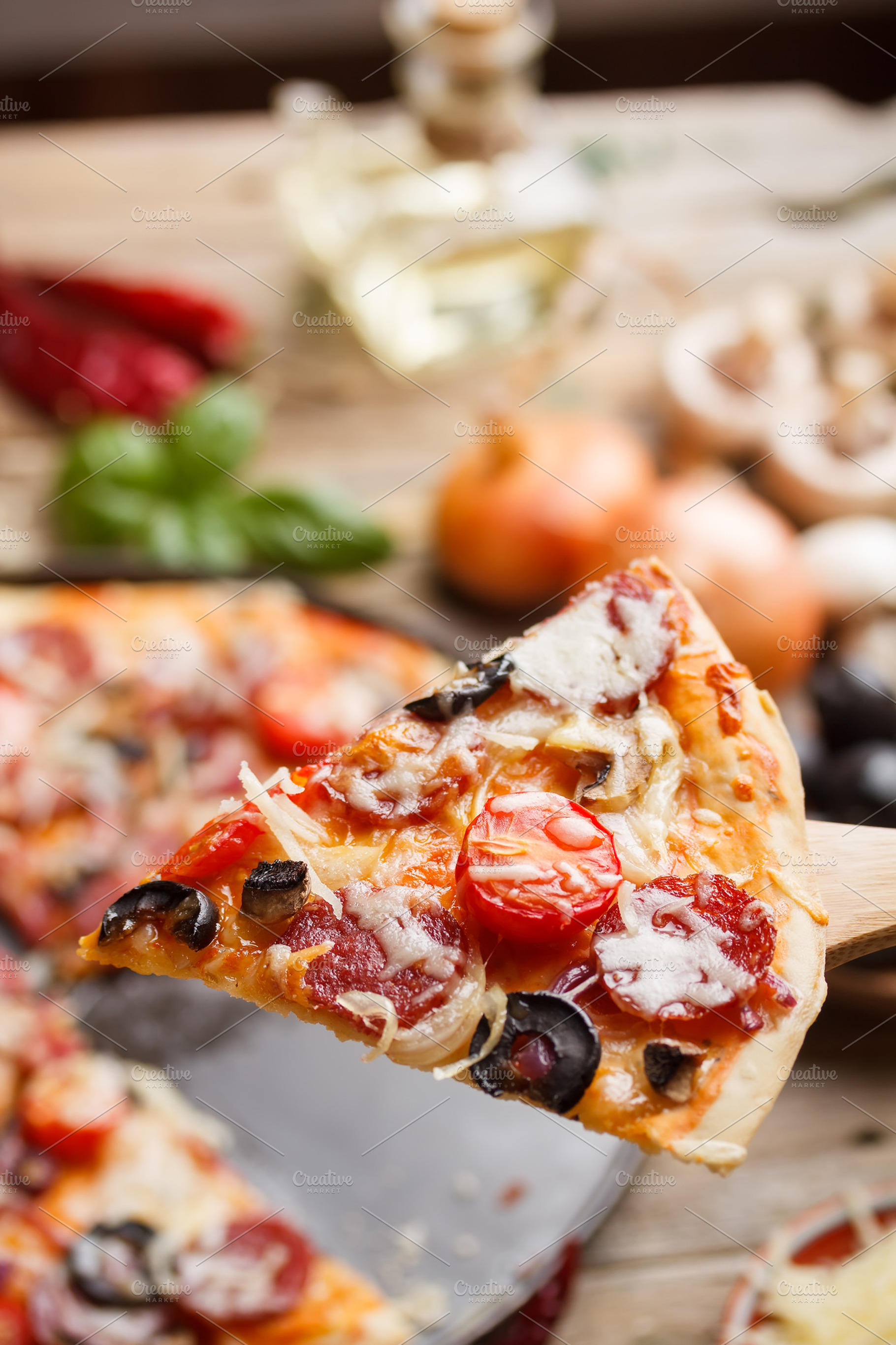 Rustic pizza containing pizza, rustic, and meal