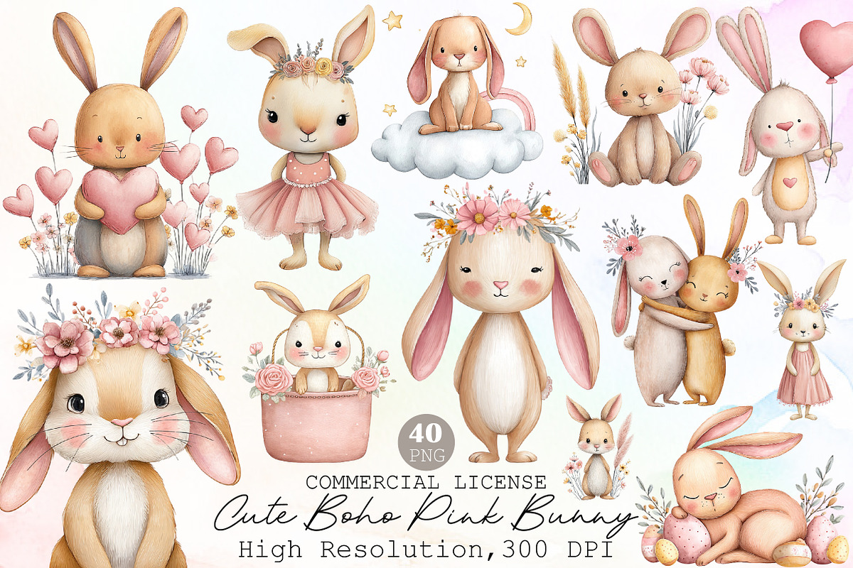 Cute Boho Pink Bunny Clipart, an Illustration by Sublimation Artist (Photo 1 of 6)