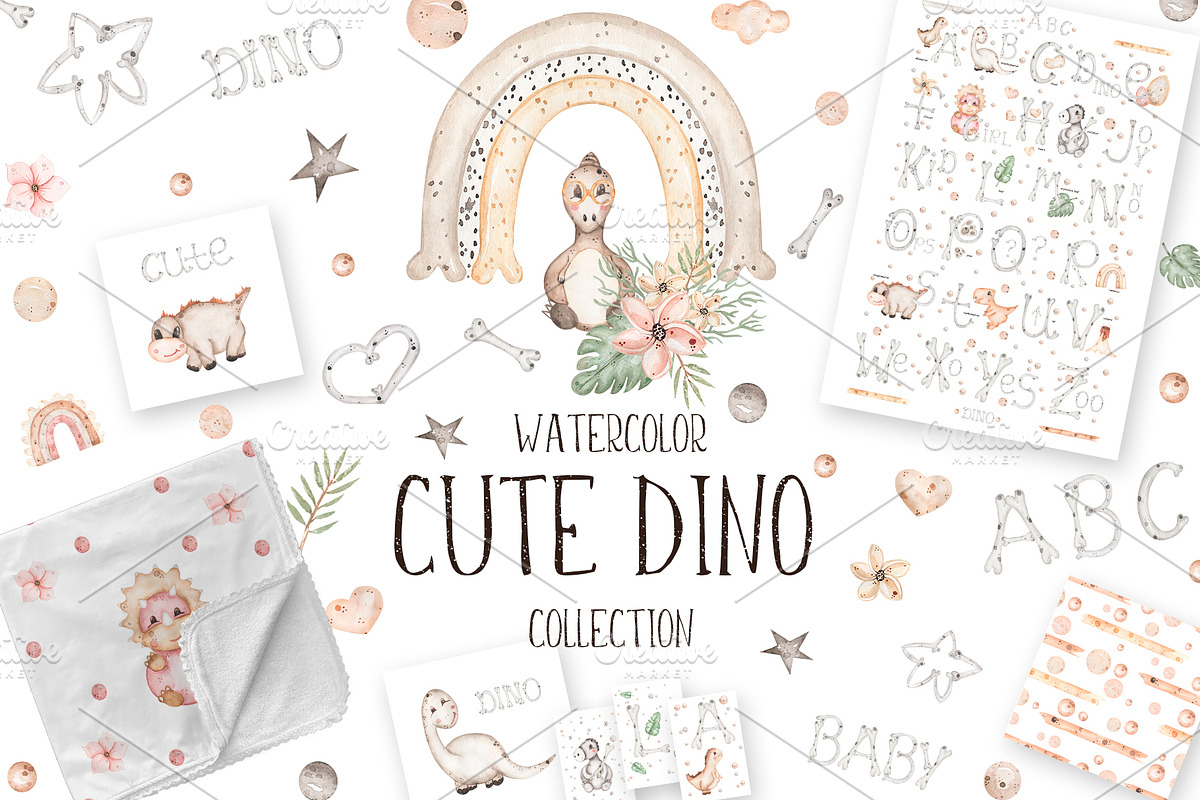 Watercolor Cute Baby Dino Collection, an Animal Illustration by MayaNavits (Photo 1 of 14)