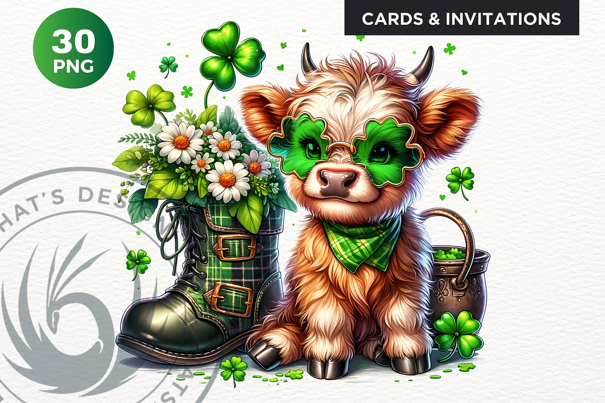 St Patricks day Highland Cow Clipart, an Animal Illustration by ThatsDesignArt (Photo 10 of 10)