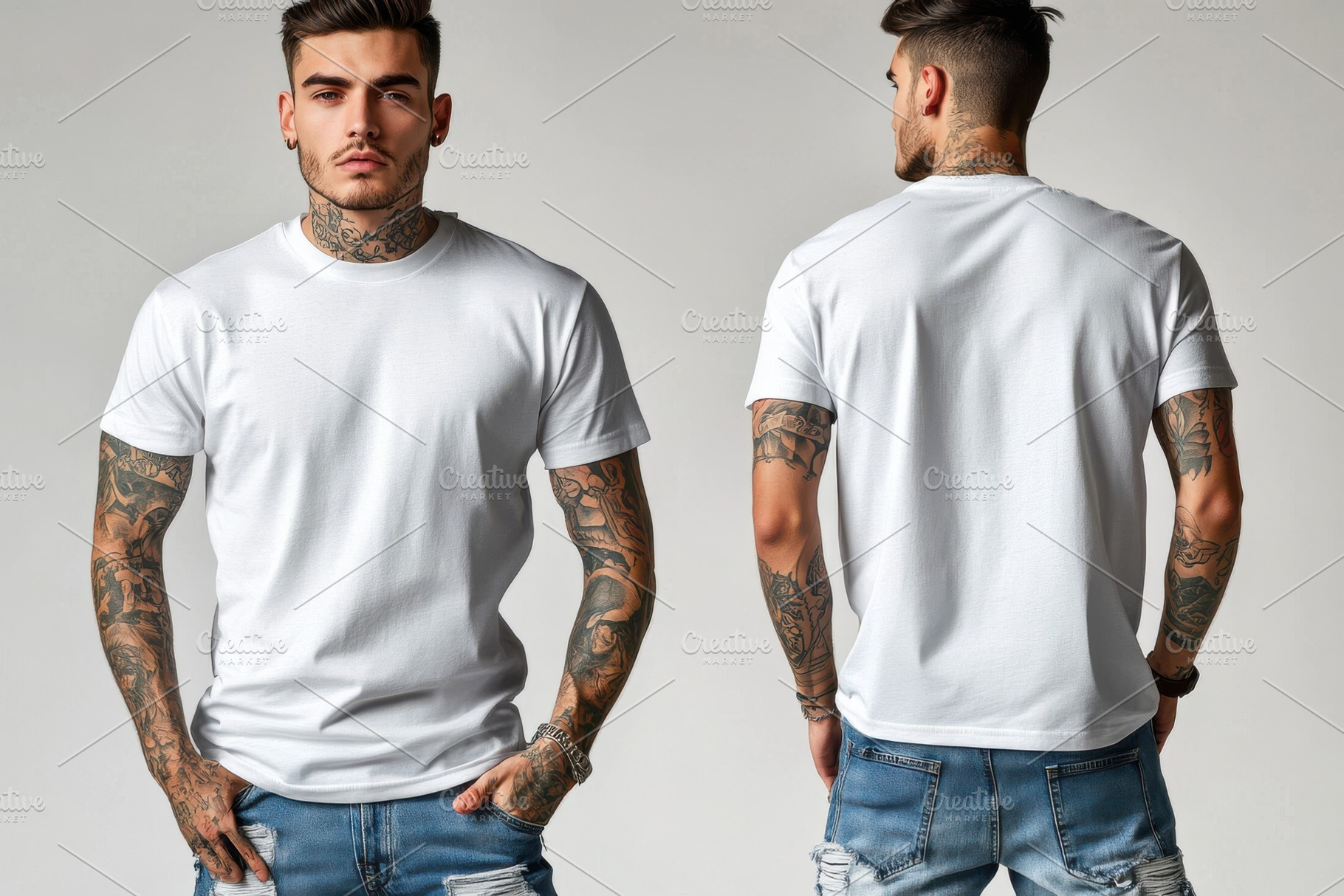 Stylish tattooed man models white te, a Beauty & Fashion Photo by Pixeness Studio