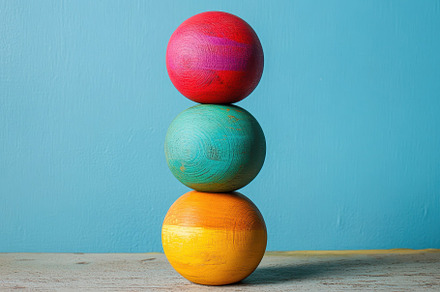 Colorful wooden spheres stacked agai, a Photo by Iftikhar Alam