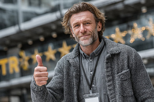 Confident man giving thumbs up gesture standing outdoors near modern building, a Photo by AS photostudio