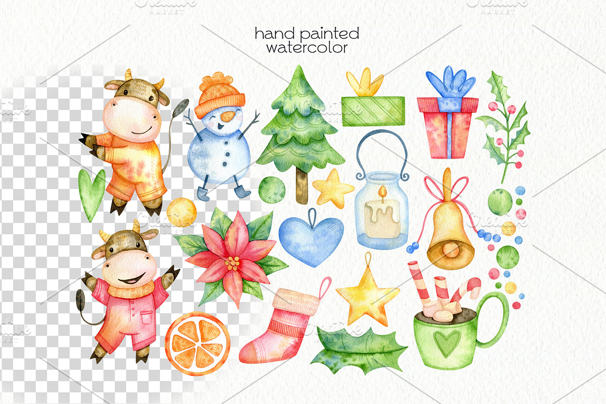 Watercolor Christmas Bulls Clipart, a Decorative Illustration by OllyKo Art (Photo 2 of 8)