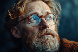 A thoughtful older philosopher man with glasses and a beard gazes upward, refle, a Person Photo by Textures & Backgrounds