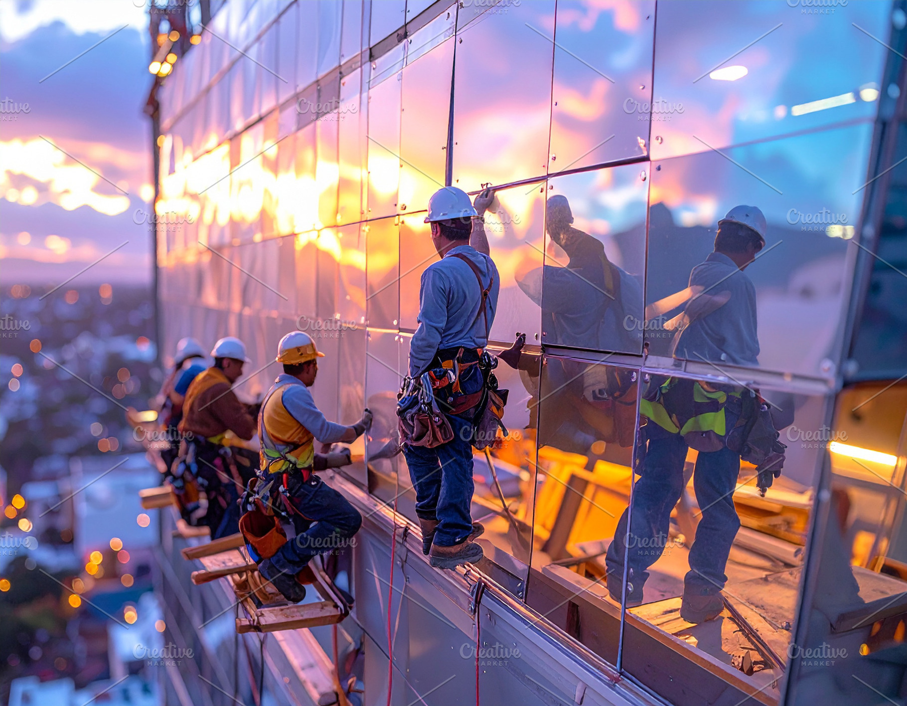 Construction workers working on a high building facade, an Industrial Photo by DanFLCreativo