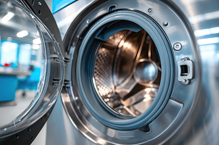 Modern washing machine view highlighting interior drum and door design in a bri, a Technology Photo by AlyaAnd