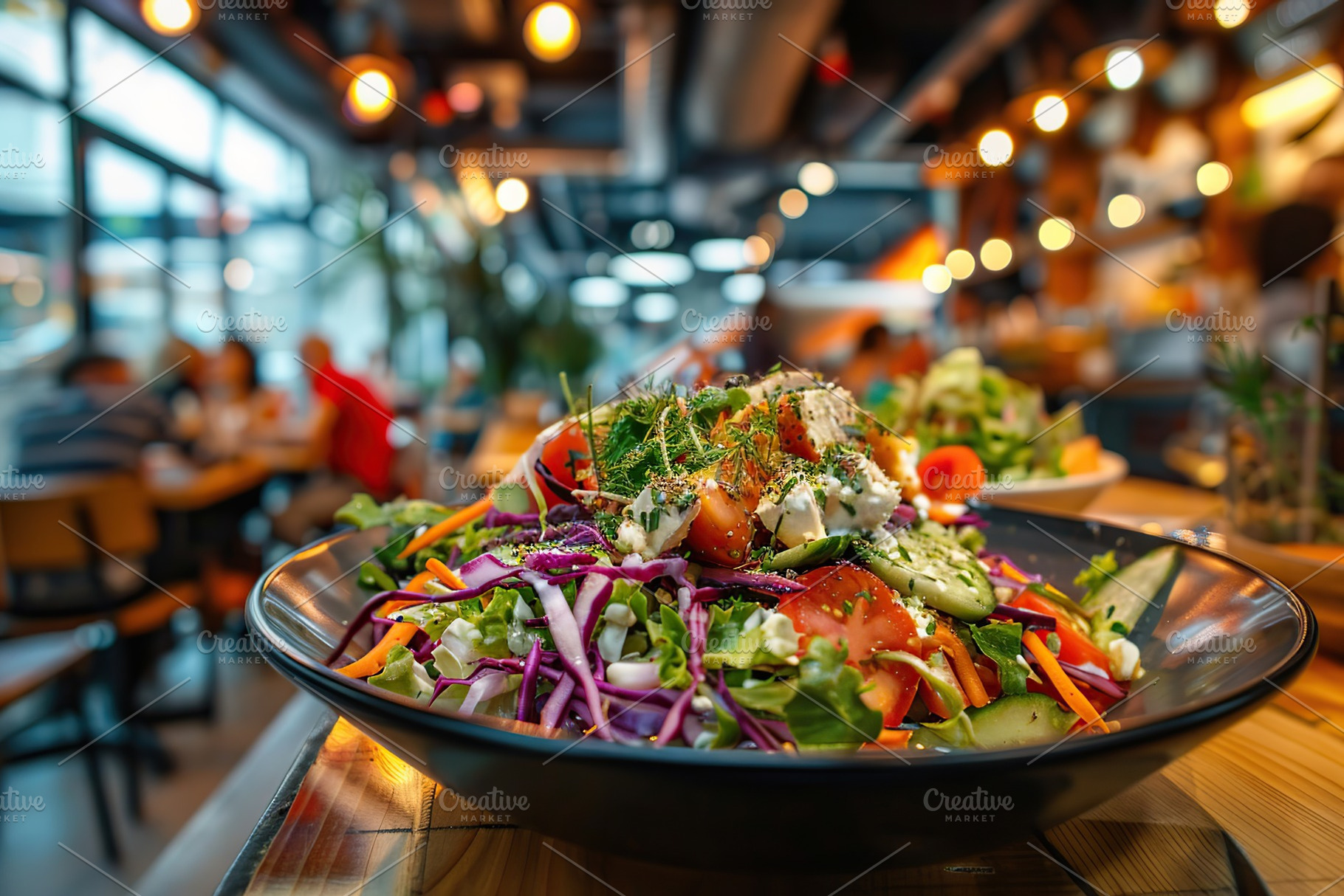 Healthy salad bowl on the table in modern restaurant, a Photo by AlyaAnd