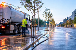 Urban irrigation truck watering tree, a Photo by Dvoevnore photos