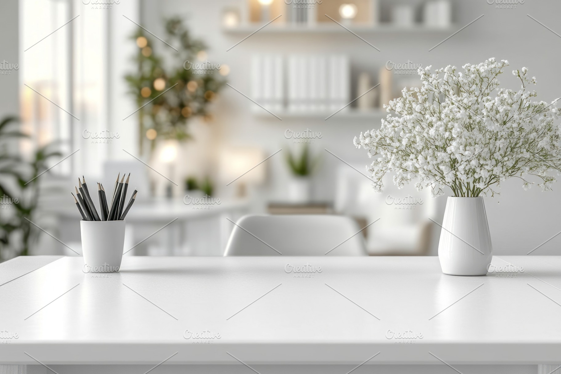 A serene workspace featuring a white desk adorned with a vase of flowers and a, a Background Photo by ImageMir