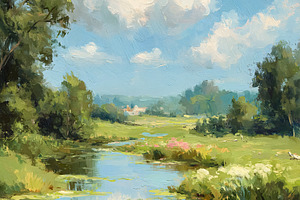 Rural river flowing through a green meadow under a bright blue s, a Photo by Studio ANNA