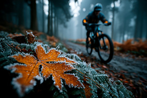 Closeup of frost covered orange leaf with blurred mountain biker, a Person Photo by José Manuel Gelpi
