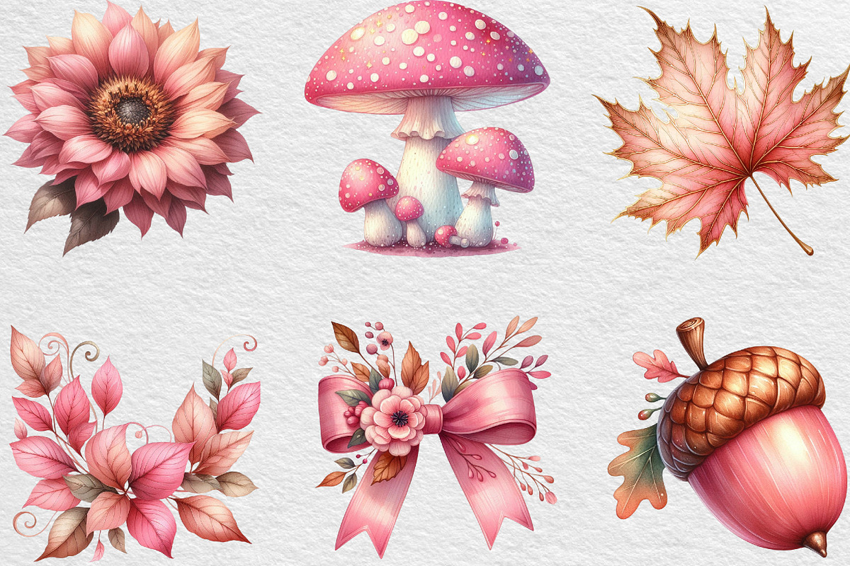 Watercolor Pink Autumn Fall Clipart, an Illustration by Black Bird Studio (Photo 2 of 4)