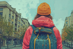 Young Woman Exploring City Streets With Backpack And Beanie