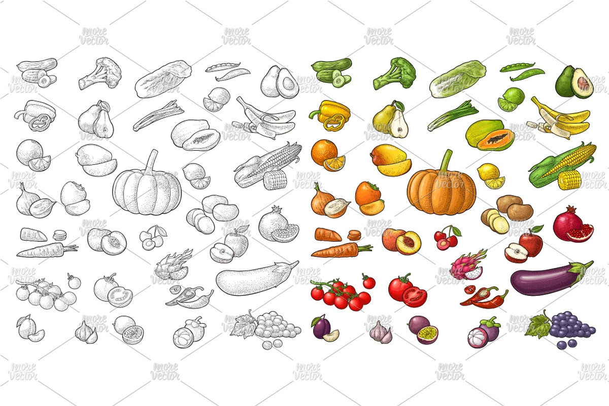 Set vegetable fruit engraving, a Food Illustration by MoreVector