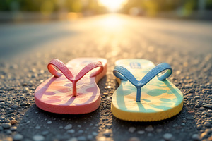 Colorful flip-flops on a road, a Photo by rarrarorro