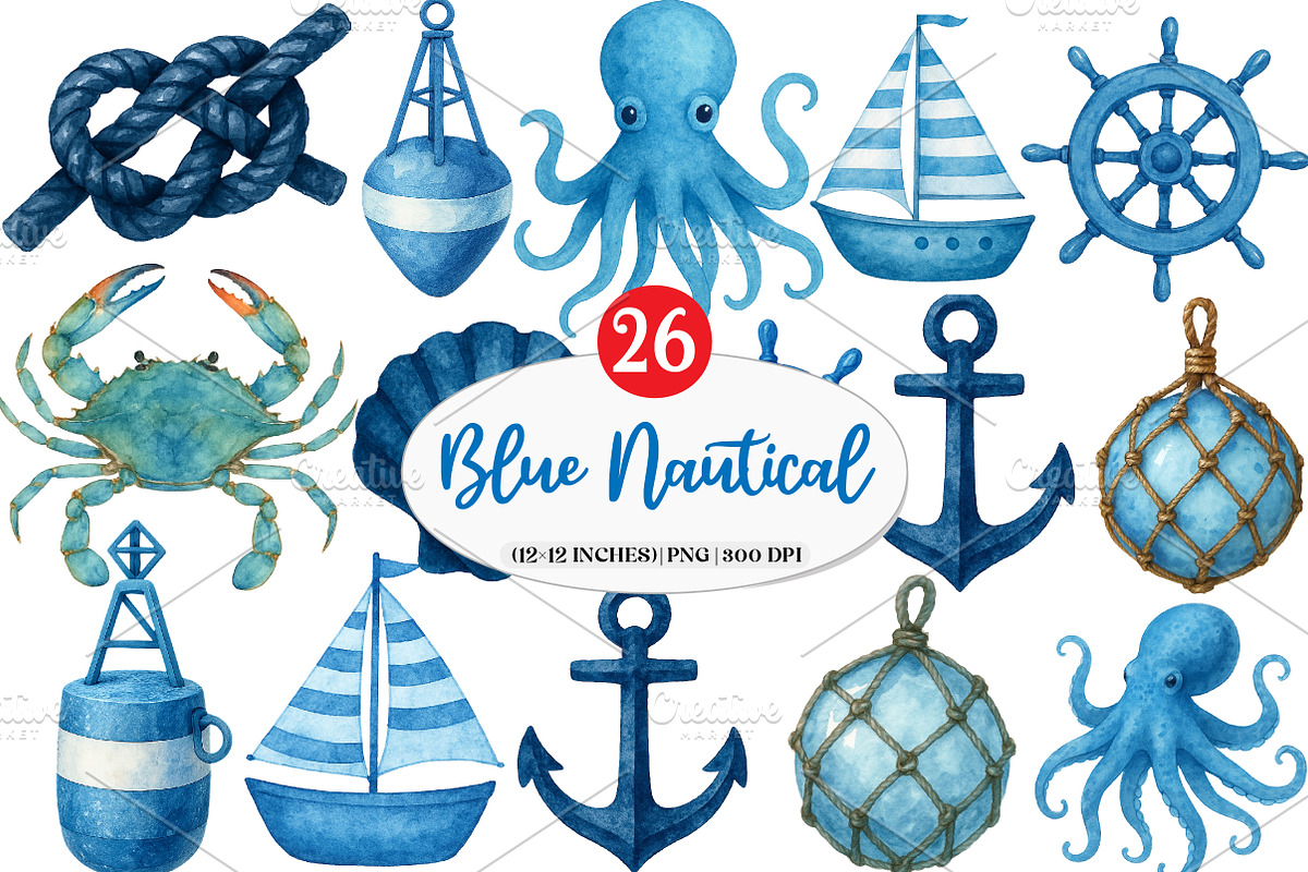 Watercolor Blue Nautical Collection, an Illustration by Watercolor design (Photo 1 of 4)