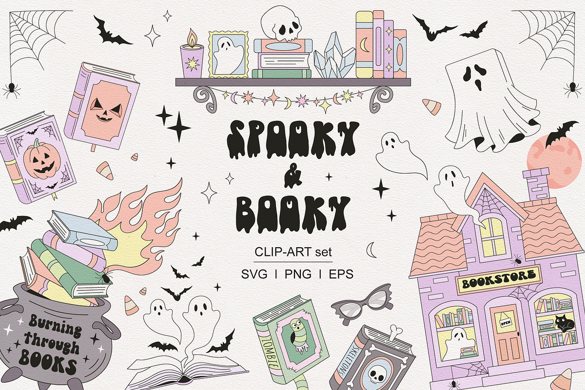 Bookish Halloween Clipart Set, a Seasonal Illustration by @olga.angelloz (Photo 1 of 2)