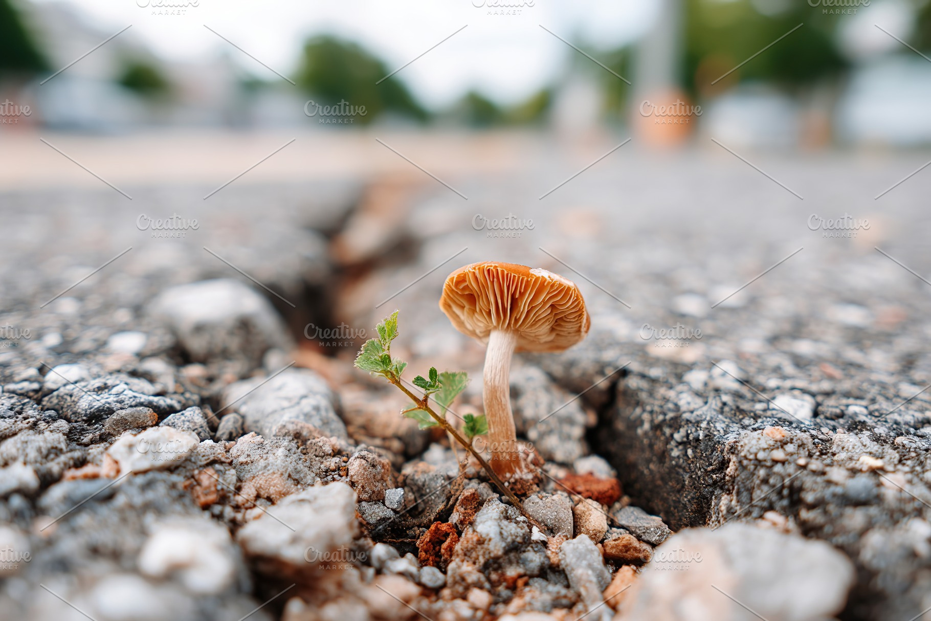Small wild mushroom thriving in cracks of urban pavement during daytime, a Photo by AlyaAnd