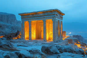 Lighting of an ancient temple at dus, a Photo by Tanuart