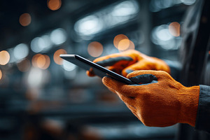 A worker wearing orange gloves interacts with a smartphone in a factory setting, a Business Photo by ImageMir