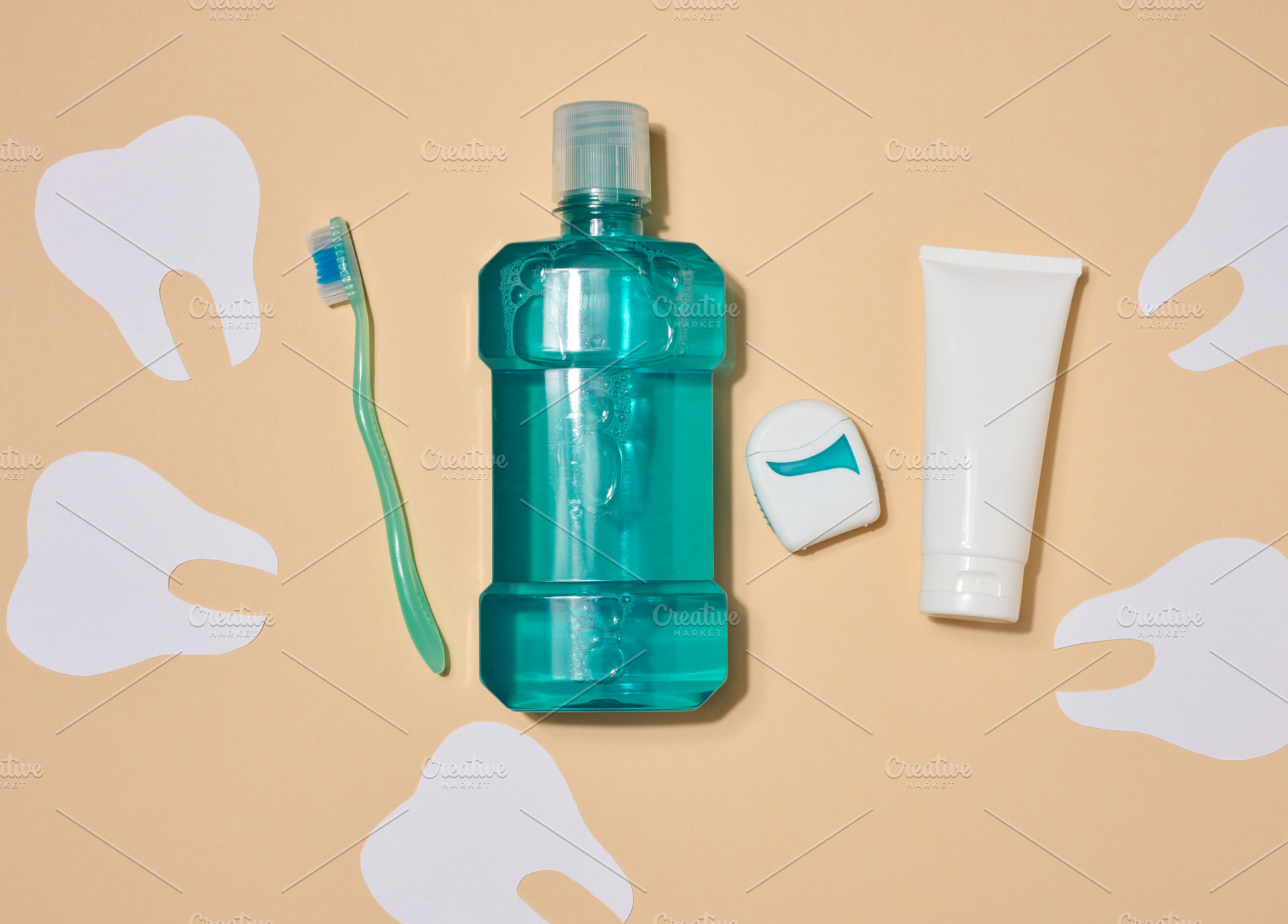 Oral hygiene set, mouthwash, toothbrush, toothpaste and dental f, a Health & Medical Photo by ndanko