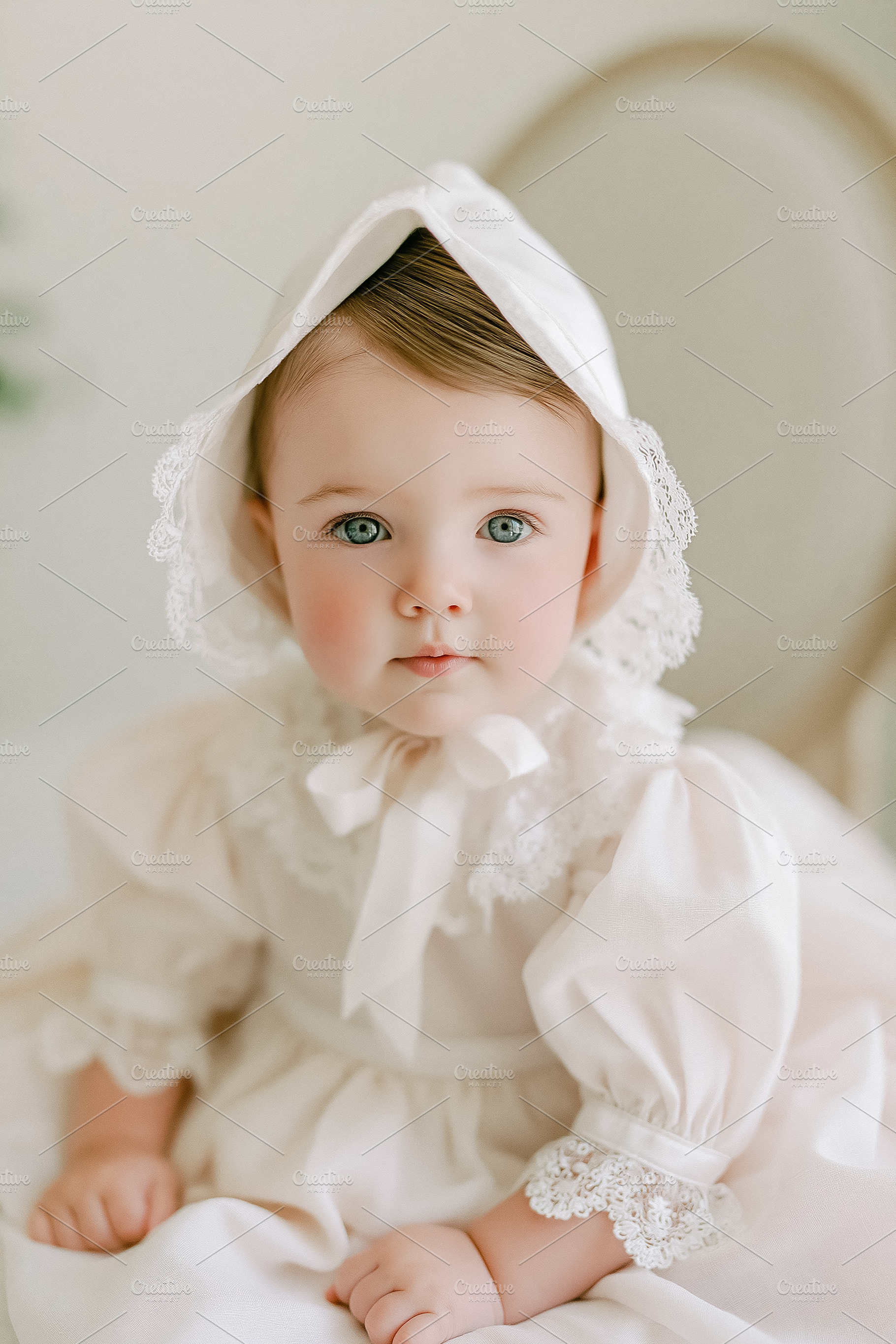 Baby girl wearing elegant white christening dress and lace bonne, a Person Photo by Studio ANNA