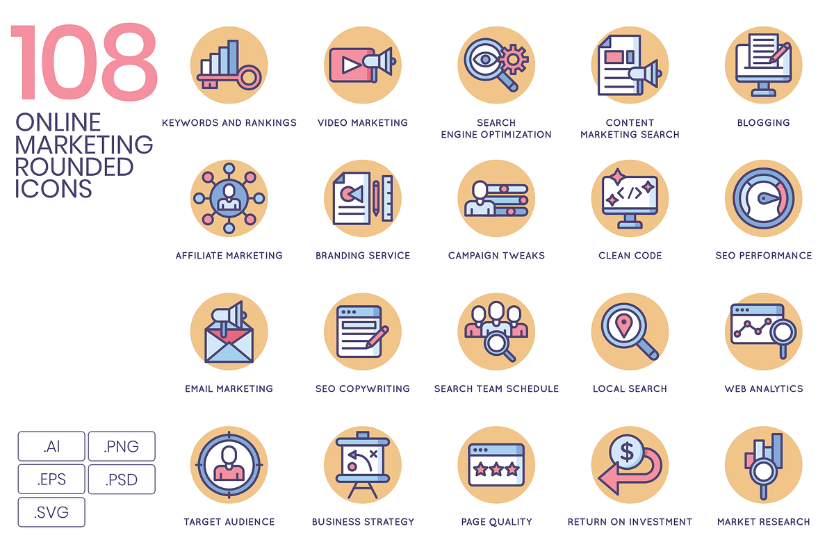 108 Online Marketing Rounded Icons, an Outline Icon by Flat Icons