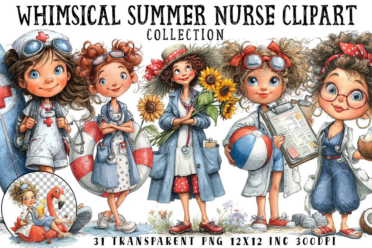 Whimsical Summer Nurse PNG Clipart, an Illustration by OK Design (Photo 1 of 6)