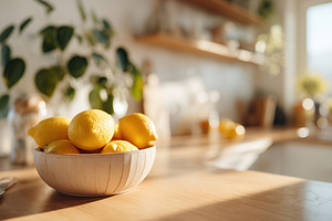 Bright kitchen with fresh lemons in a wooden bowl captured in morning light, a Food & Drink Photo by AlyaAnd