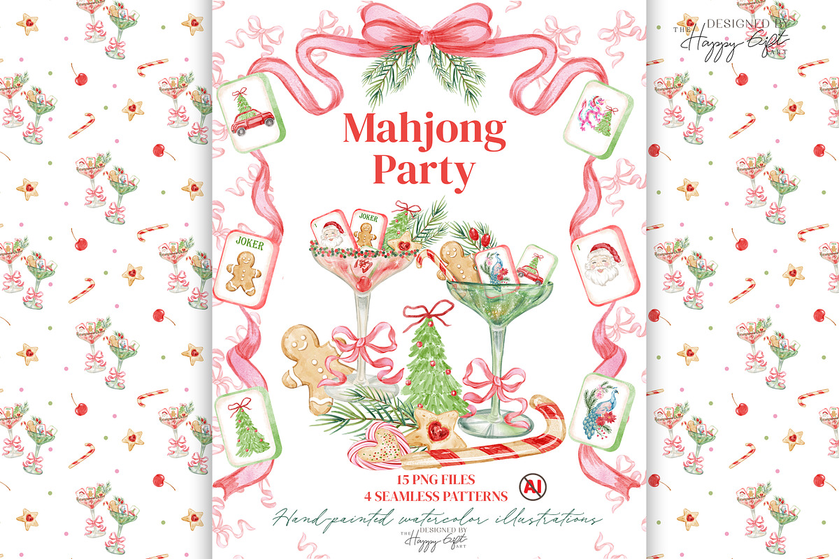 Christmas Mahjong Cocktail Clipart, a Decorative Illustration by TheHappyGiftArt (Photo 1 of 10)