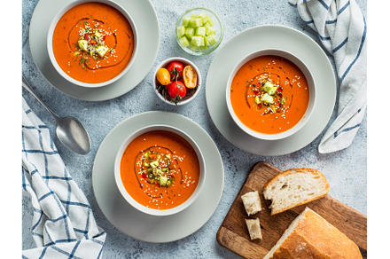Gaspacho soup on light marble, top, a Food & Drink Photo by Fascinadora