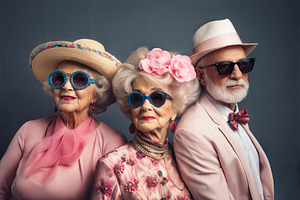 Stylish elderly trio wearing colorful outfits and sunglasses., a Person Photo by ImageMir