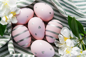 Pink easter eggs decorated with silver patterns, a Holiday Photo by Olena Rudo