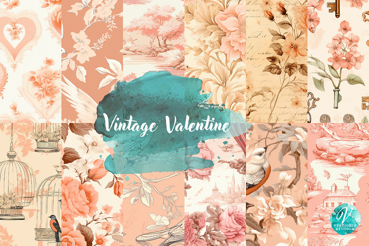 Vintage Valentine seamless patterns, a Decorative Illustration by Verdigris Studios (Photo 1 of 3)