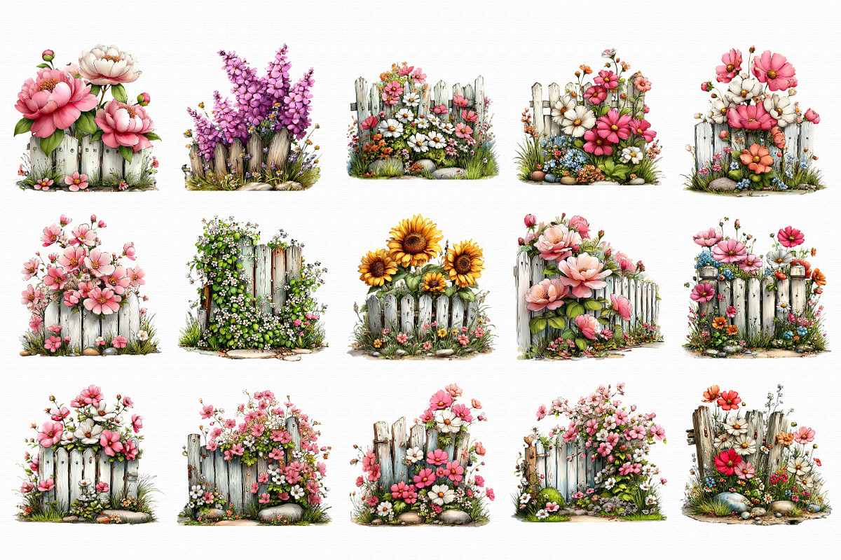 Watercolor Fence Flowers Clipart, an Illustration by Libby Wishes (Photo 7 of 7)