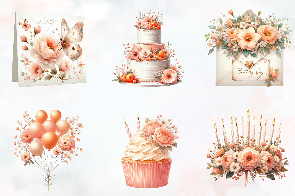 Peach Floral Birthday Watercolor PNG, an Illustration by RobertsArt (Photo 5 of 7)