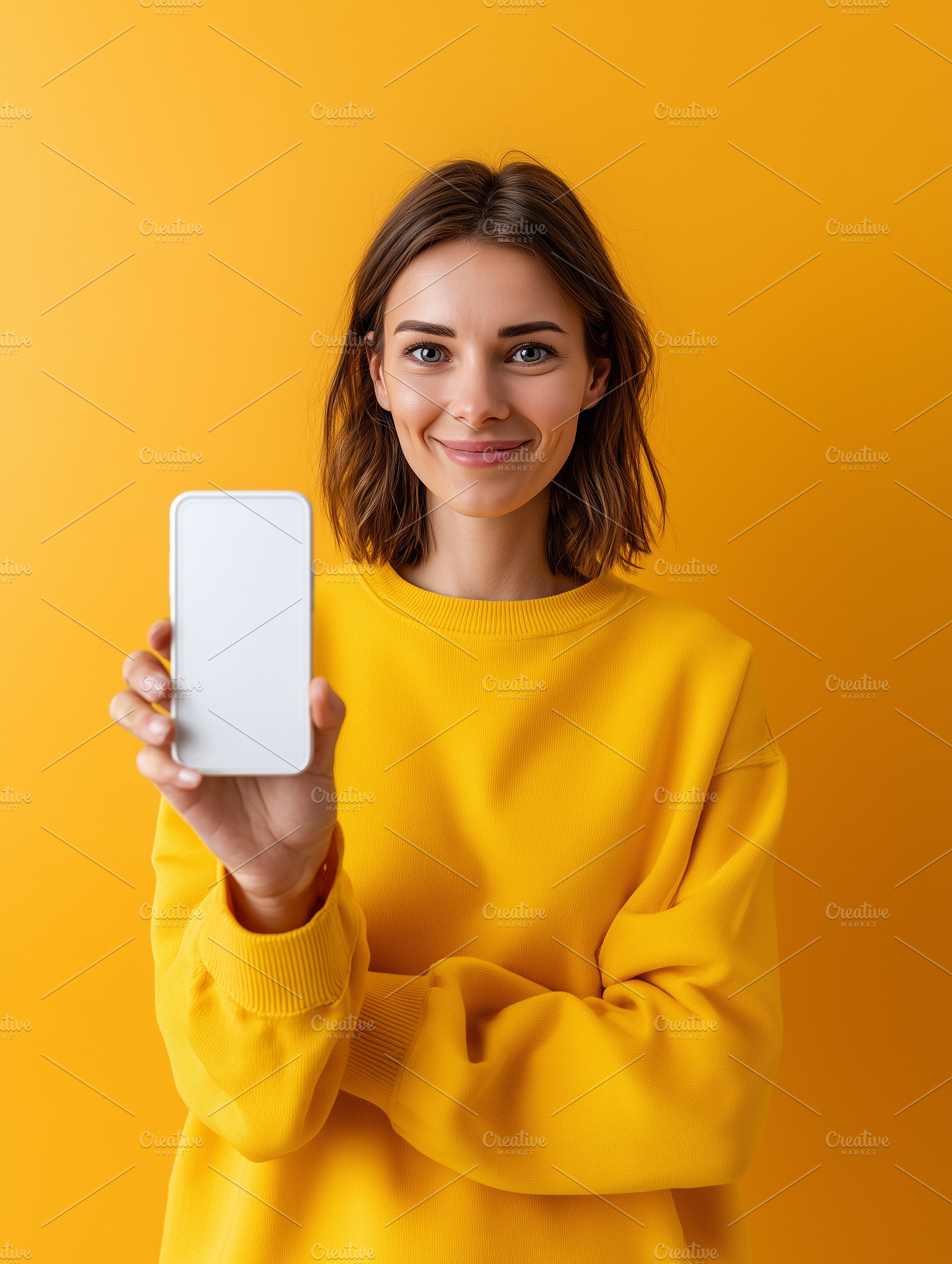 Smiling young woman in yellow mockup, a Technology Photo by MistyDay