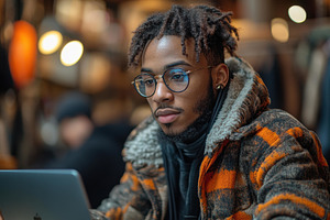 Young man focused on laptop in a coz, a Photo by Tanuart