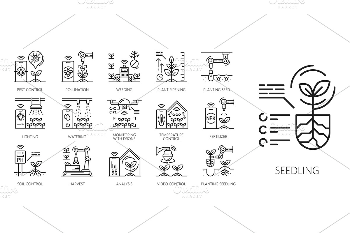 Robot smart farm icons, agriculture, a Technology Illustration by Vector Tradition
