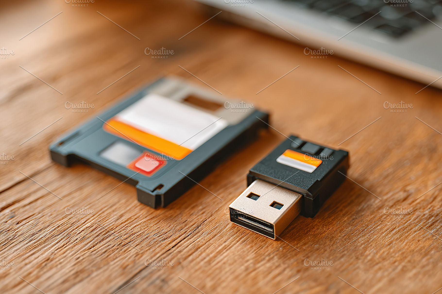 A floppy disk and a USB drive sit side by side on a wooden table, showcasing th, a Technology Photo by AlyaAnd