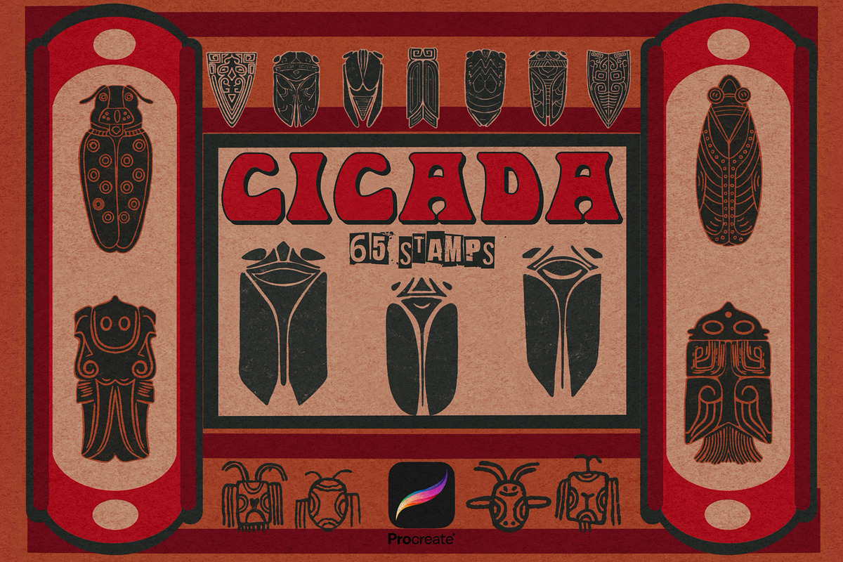 Chinese cicada stamps for Procreate, a Brush Add-On by TheWhiteCatLab (Photo 1 of 3)