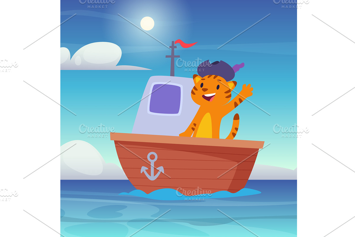 Cat in boat. cute cartoon animal, an Animal Illustration by Onyx